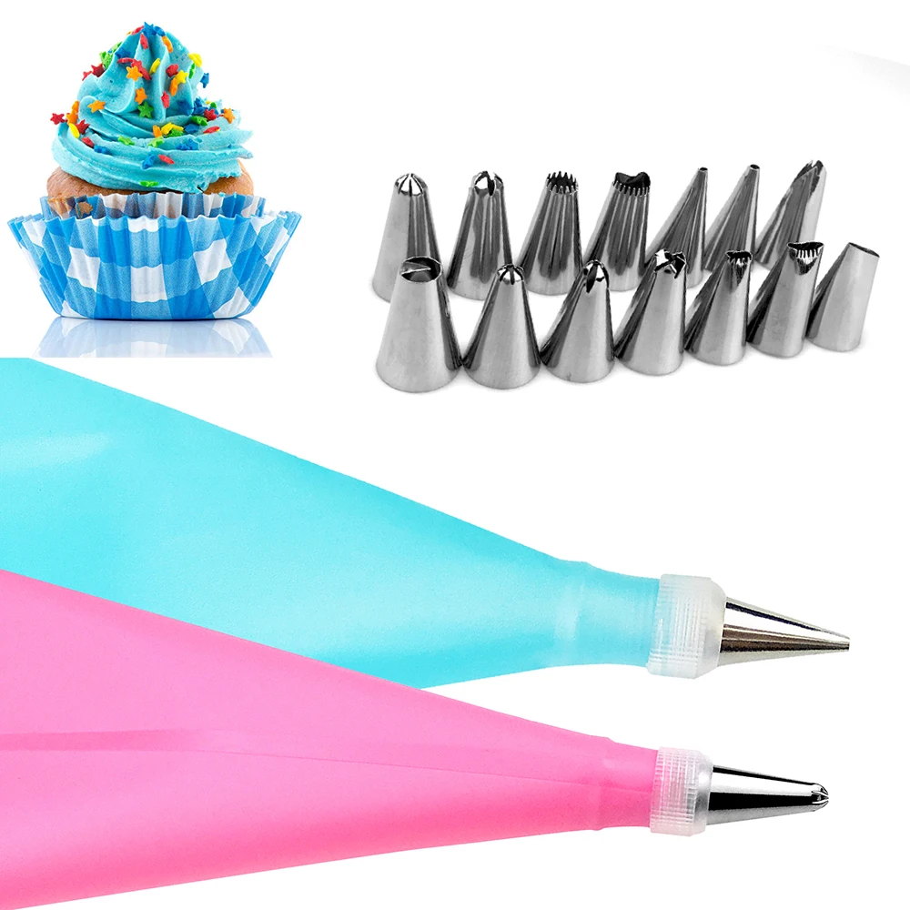 

16PCS/SET Silicone DIY Icing Piping Cream Pastry Bags + 14PCS Nozzle Set Cake Decorating Tools Mould + Coupler Converter