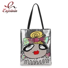Новое поступление, Ослепительная вышитая пайетками мультяшная прошитая Женская вместительная сумка для покупок, сумка на плечо, повседневная сумка-тоут