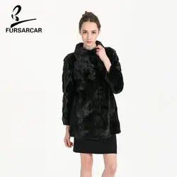 FURSARCAR черный реального норки пальто мода Slim регулярные Стиль плотное пальто с меховой воротник зима Для женщин Полный Пелт норки пальто