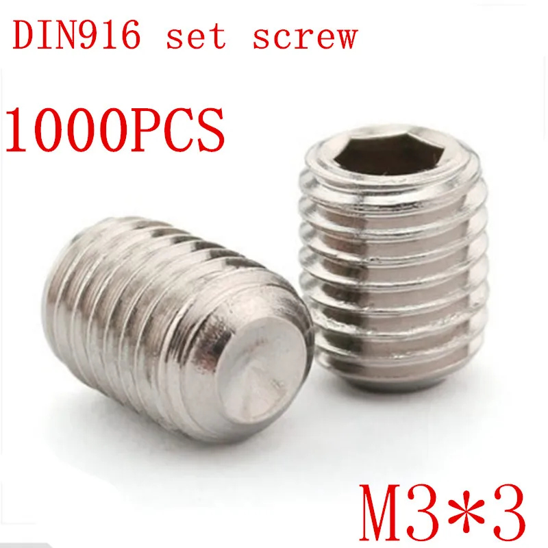 1000pc/set DIN916 m3*3 m3x3 3mm Stainless Steel Metric Thread Grub Screws Cup Point Hexagon