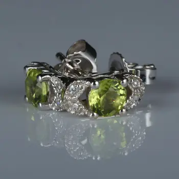 安い 白河固体 14 18kホワイトゴールド 4 ミリメートルラウンド天然ペリドットのスタッドのイヤリングダイヤモンドスタッドピアス葉罰金ジュエリーウェディング