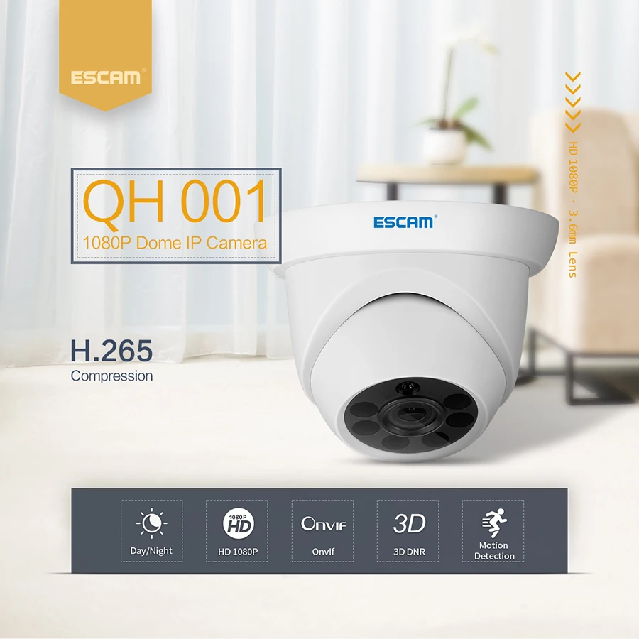 

ESCAM QH001 ONVIF H.265 1080P P2P IR Dome wifi IP Camera with Smart Analysis Function 3D Digital Noise Reduction CCTV Camera