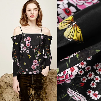 

Floral Print Black Silk Crepe De Chine Fabric for Summer Dress Shirt Scarf Cheongsam Skirt 140CM Wide 18MM Thick DE767