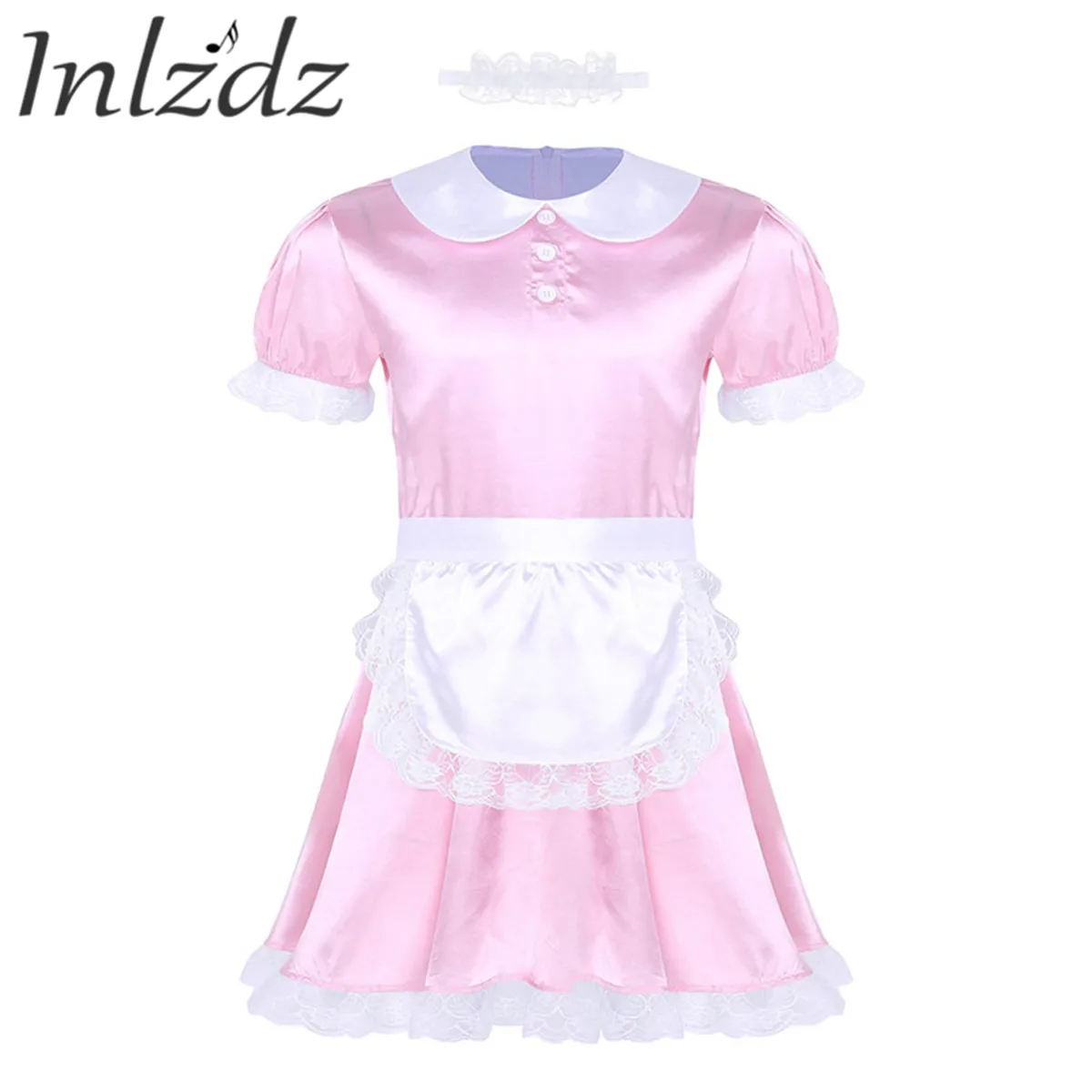 

Inlzdz 3Pcs Gay Mens Sissy Maid Uniform Fancy Dress Sexy Funny Clubwear Satin Dress with Choker and Headband Role Play Costumes