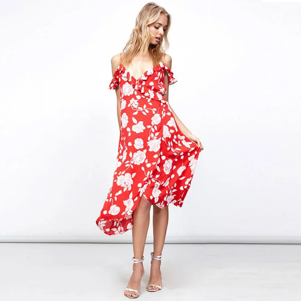 Women Dress Sexy Women V Neck Strapy Long Dress Women Floral Off Shoulder Dress Summer Beach Floral Dress #30