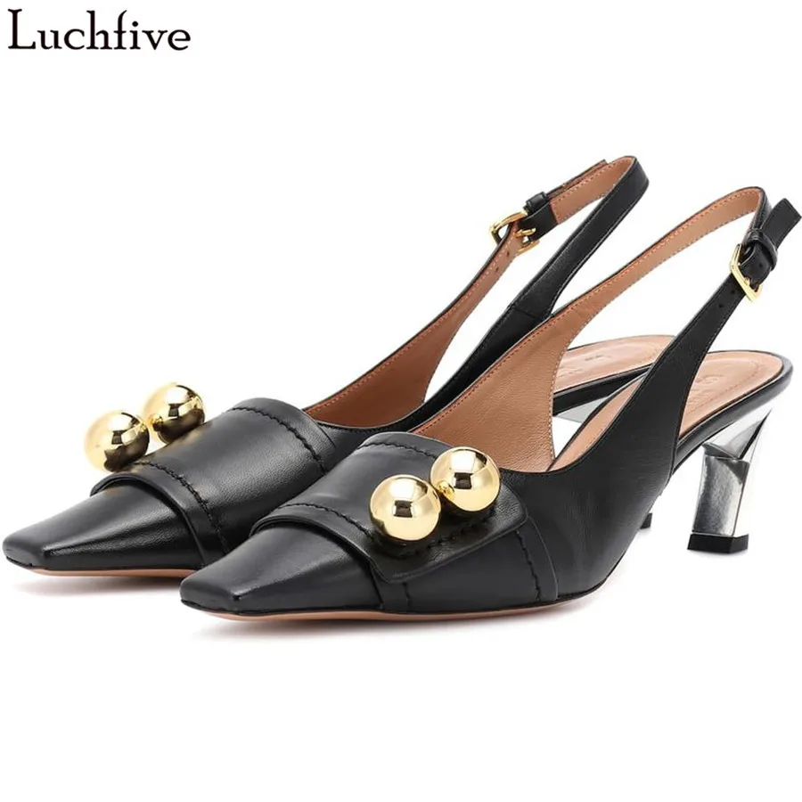 

Luchfive Back Buckle Strap Sandals For Women Square Toes Hoof Heel Metal Ball Genuine Leather Spring Summer Casual Shoes Women