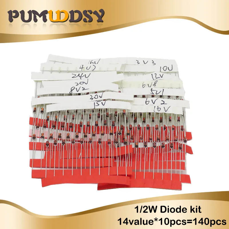 

(2V4 to 8V2)140Pcs=14Values*10pcs 1/2W 0.5W Zener Diode Assorted kit Assortment Set New