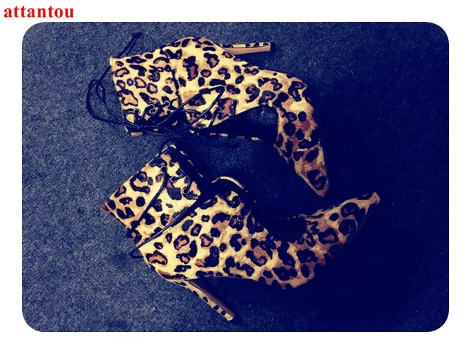 

Pointed Toe Woman Short Boots Lace Up Sexy Leopard Female Ankle Booties Thin Heel Model Shoes Autumn Fashion Dress Shoes