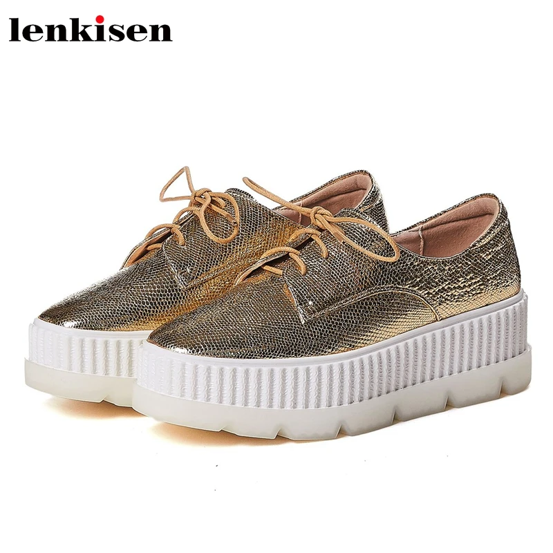 

Lenkisen genuine leather square toe high bottom flat platform high street fashion european lace up shiny vulcanized shoes L94
