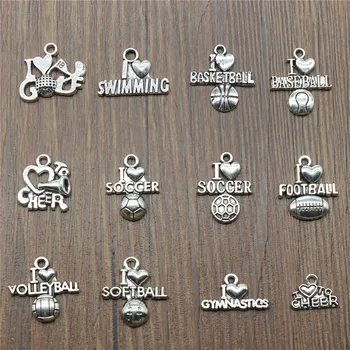 

Charms I Love Sports Antique Silver Color Sport Charm Golf Basketball Baseball Football Volleyball SoftBall GYM Cheer