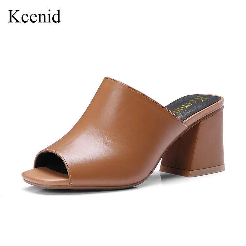 

Kcenid 2018 Newest genuine leather women slippers fashion peep toe square high heels sandals women slip on outside shoes woman
