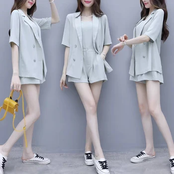 

Summer Suit Female 3 Pieces Set Double-breasted Tracksuit for Women Loose Blazer & Camisole & Short Pant Suits High Quality