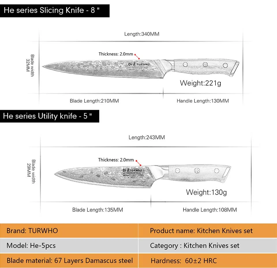 TURWHO 5 шт. набор кухонных ножей 67 слоев японской дамасской нержавеющей стали Santoku Кливер шеф-повара для очистки овощей ножи G10 Ручка