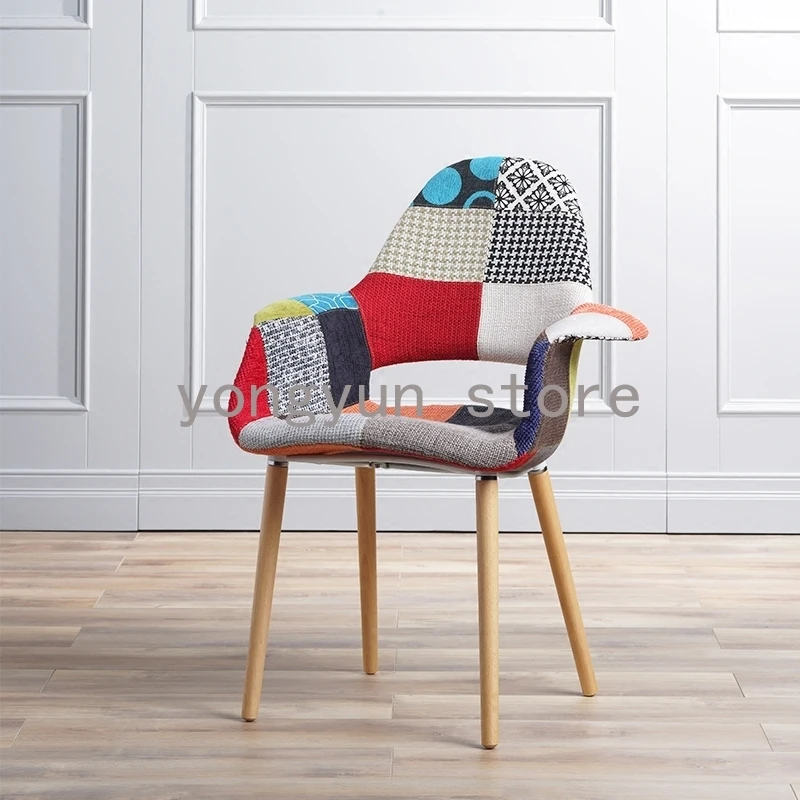 Modern Patchwork fabric Upholstered Fabric Soft Cover Chair Wood leg
