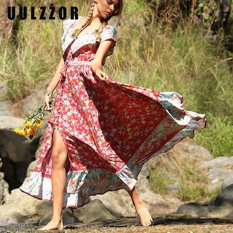UULZZOR платья для женщин без рукавов с открытыми плечами платья Бохо цыганское Макси платье с цветочным принтом длинное платье Лето
