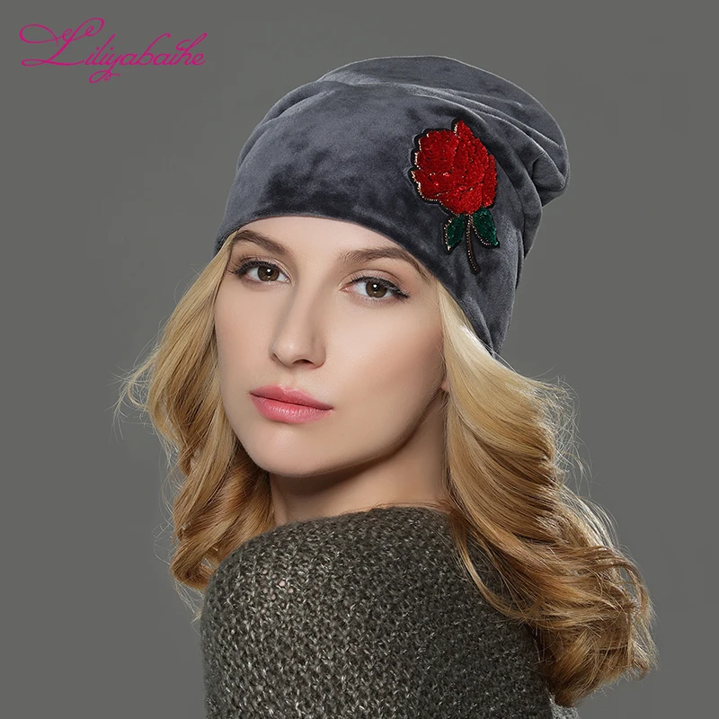 Liliyabaihe новая шапка женская осенняя и зимняя шапка для девочек шляпы для женщин велюр шапочки самые Роза украшения для девочек