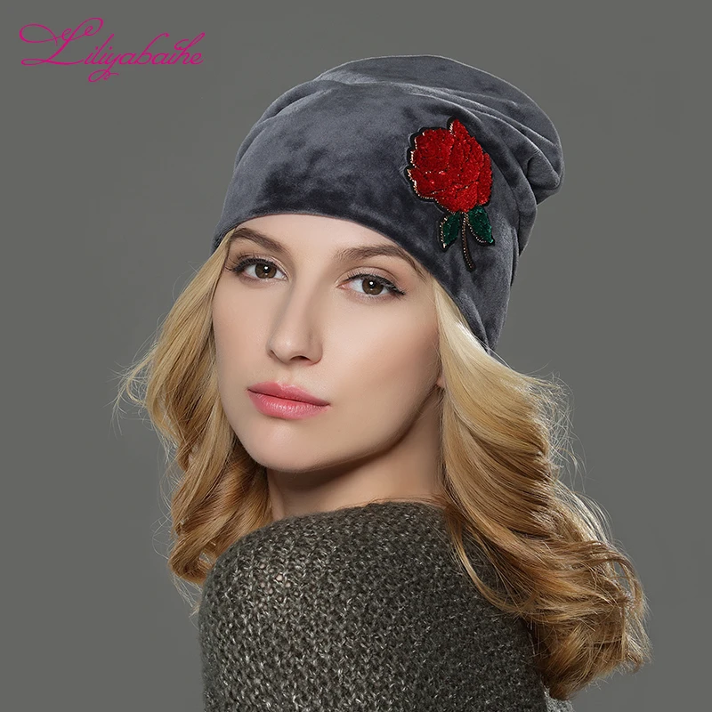 

LILIYABAIHE Women Autumn And Winter Hat Ladies Girls Hats For Women Skullies Beanies Fluff Caps Roses Touca new style Caps