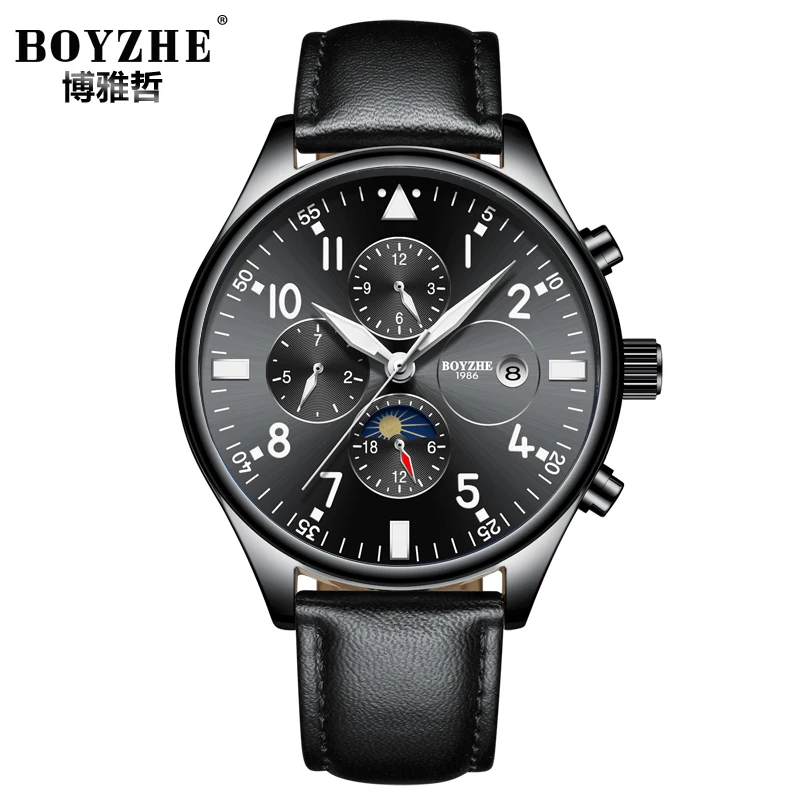 

Luxury Watch Black Genuine Leather Strap Sunray Dial Chronograph Watch Boy Watch Sport Water Resistant