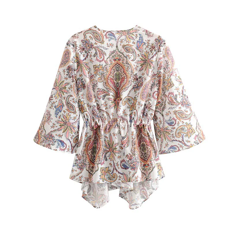 

ZXQB Vintage Chic Women Floral Print Irregular Blouses Stylish Female Three Quarter Sleeve Drawstring Shirts Casual Blusas Mujer
