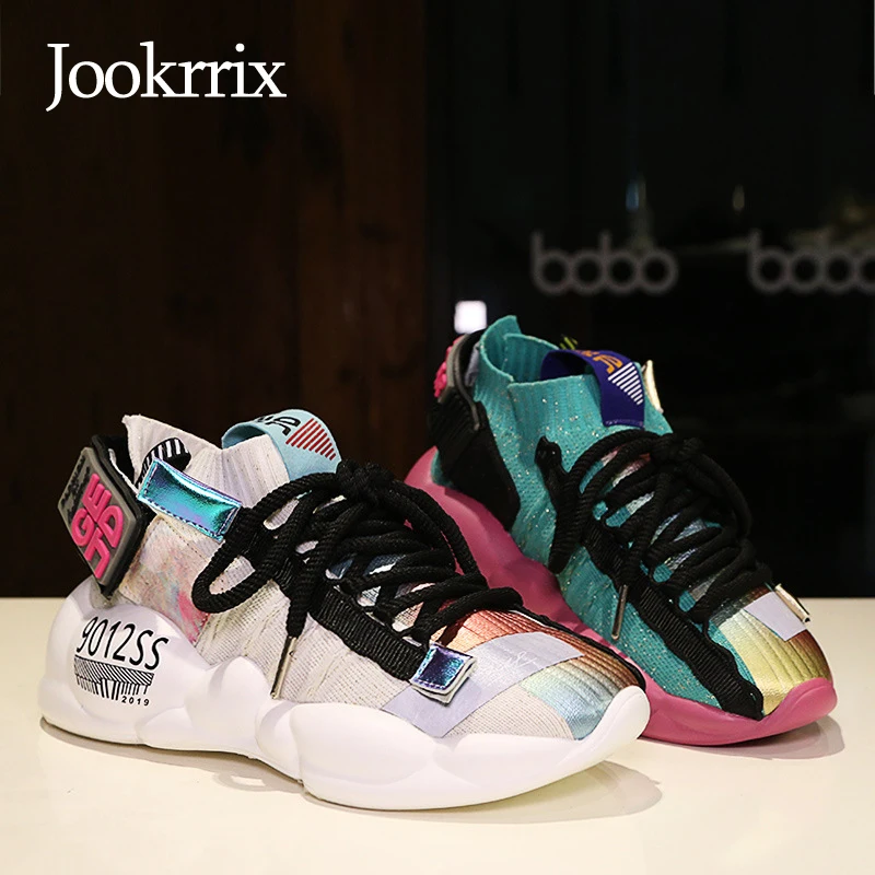 

Jookrrix Women Sock Sneakers Women Chunky Shoes Leather Fashion Female Shoes High 5 CM White Platform Casual Shoes for Lady