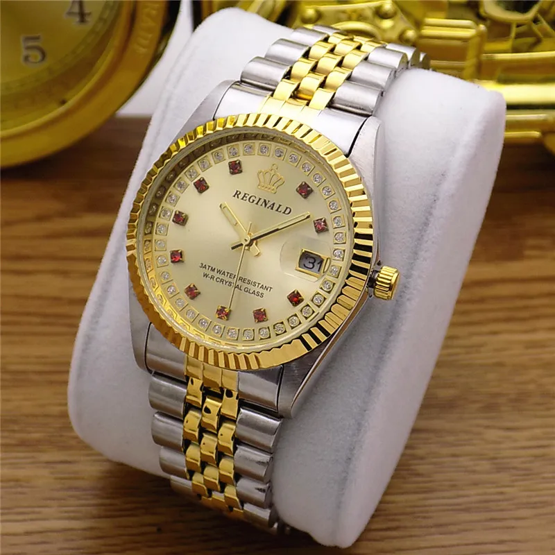 Amantes do Homem Cheio de Ouro Relógio à Prova de Água Moda Reginald Marca Mulher Luxo Aço Lady Assista Data Cristal Estilos Vestido Feminino Mod. 181704