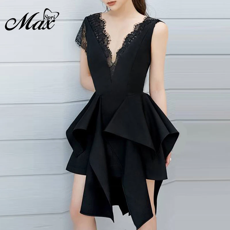 

Max Spri 2019 New Sexy Ruffles V Neck Lace Hollow Out Women Sleeveless Strapless Knee-Length Asymmetrical Hem Lady Party Dress