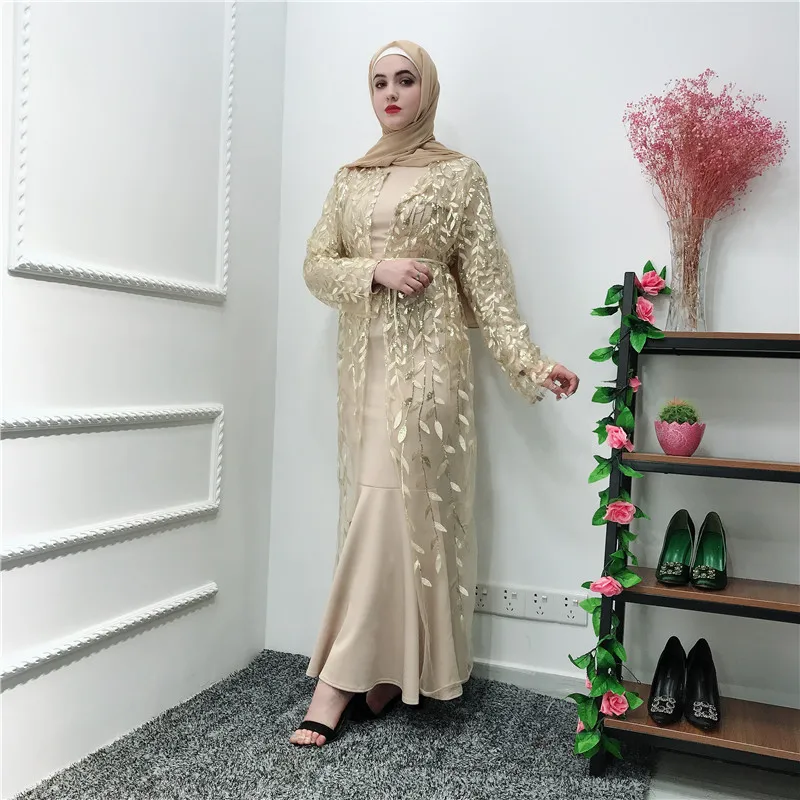 Роскошные мусульманская вышивка Абаи длинные платья кардиган-кимоно выдалбливают Длинные халаты Jubah Ближний Восток Eid Рамадан Исламская