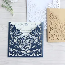 Rose laser cut wedding invitation pocket navy blue white gold flower invitation box customized insert card printing free ship