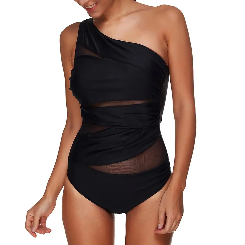 

Girl's Sexy Solid Color See Through One-Piece One Shoulder Padded Women Summer Swimsuit