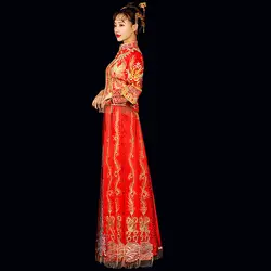 Традиционный шоу невесты Китайская одежда, свадебное платье с вышивкой костюм старинные свадебное Ципао кимоно вечернее платье