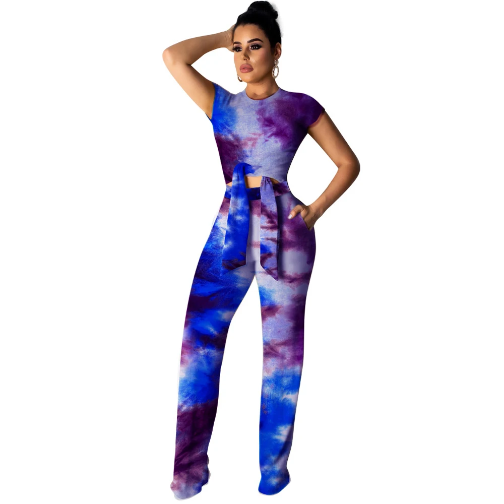Women Short Sleeve Full-length Wide Leg Jumpsuit Two Piece Set Summer Elegant Tie Dye Rainbow Casual Party Overalls Female Women Short Sleeve Full-length Wide Leg Jumpsuit Two Piece Set Summer Elegant Tie Dye Rainbow Casual Party Overalls Female