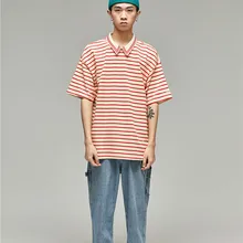 Полосатая свободная маленькая свежая Мужская рубашка поло с отворотом Новые футболки для супружеской пары с воротником поло с коротким рукавом