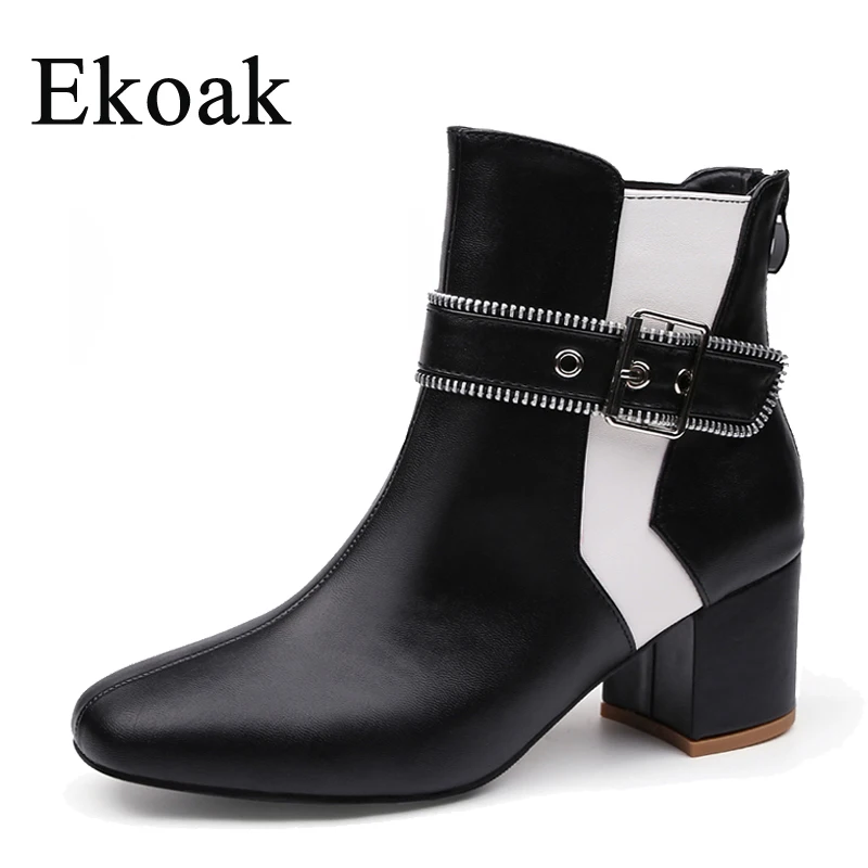 

Ekoak Autumn Winter Fashion Buckle Leather Ankle Boots For Women Ladies High Heels Shoes Woman Black & White Motorcycle Boots