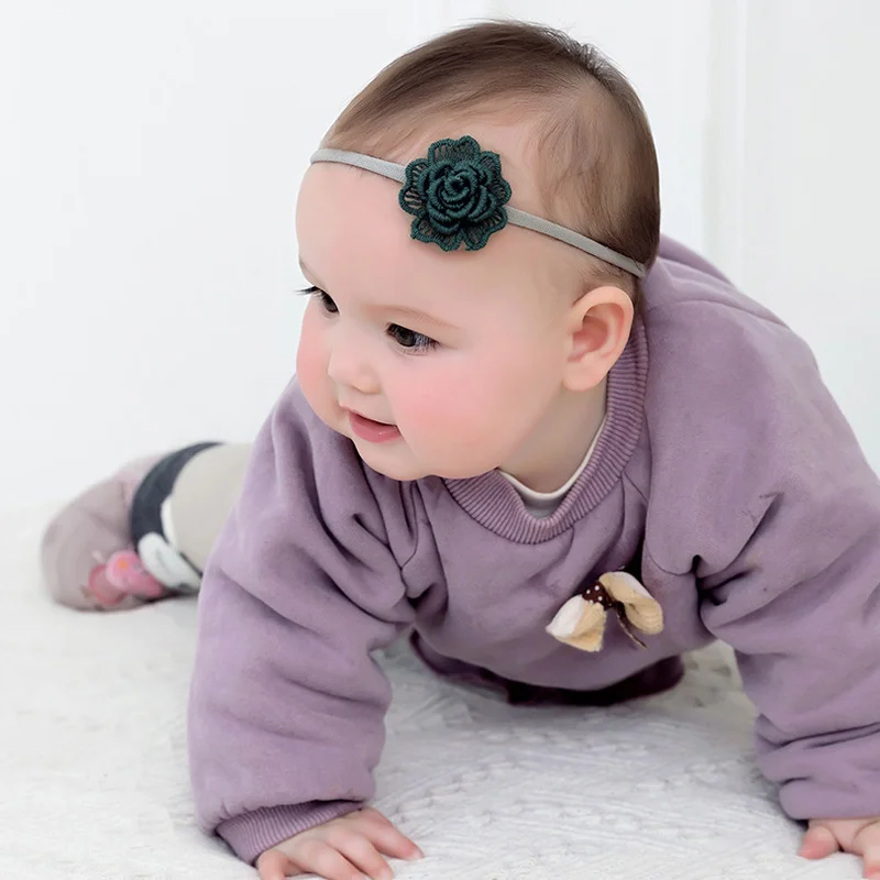 

Fashion Baby Girl Soft Nylon Elastic Headband Mini Ring Embroidered Flowers Headdress Solid Color Newborn Baby Princess Headwear