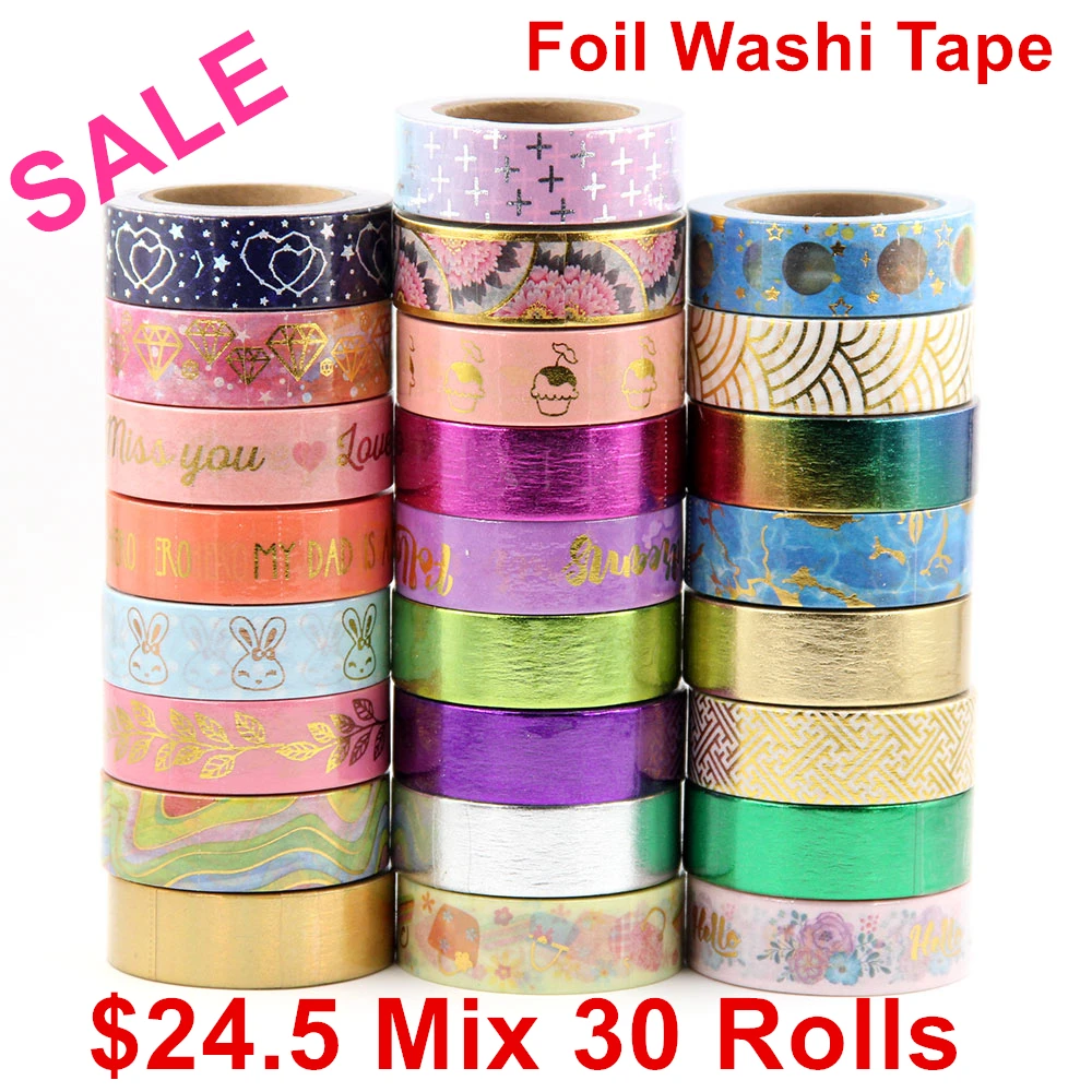 

Sale price Randomly mix 30 rolls lot(set/kit) Top quality foil washi tape masking Japanese Washi foil tape 15mm*10m Top quality