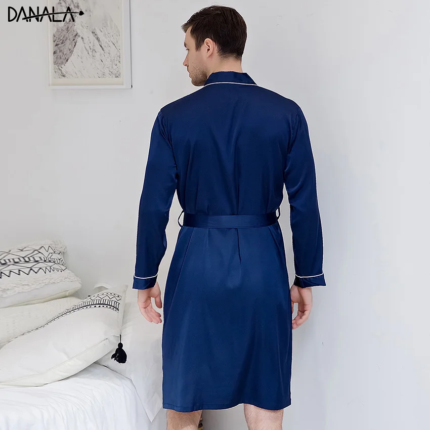 DANALA Silk Satin Men Sleepwear Robe Solid Refreshing Vogue Simple Long Men Nightwear Robe Home Wear For Male Blue Color DANALA Silk Satin Men Sleepwear Robe Solid Refreshing Vogue Simple Long Men Nightwear Robe Home Wear For Male Blue Color
