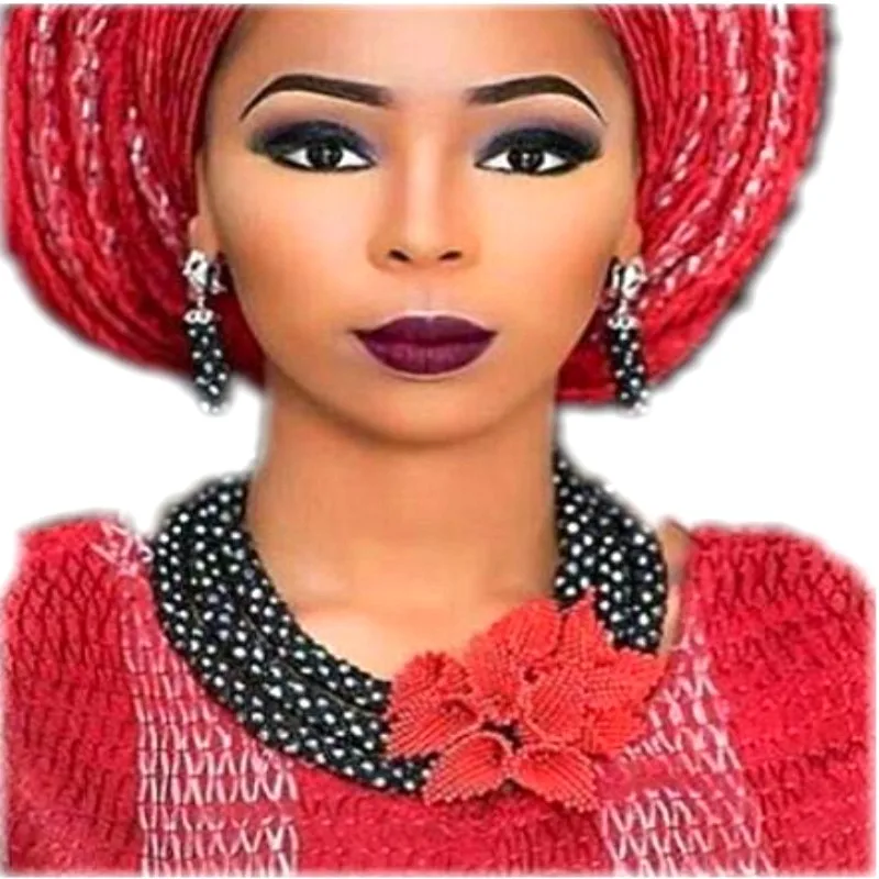 

4UJewelry Jewelry Sets For Brides Wedding Black & Sliver African Big Jewellery Set With Red Flowers Nigerian Beads For Brides
