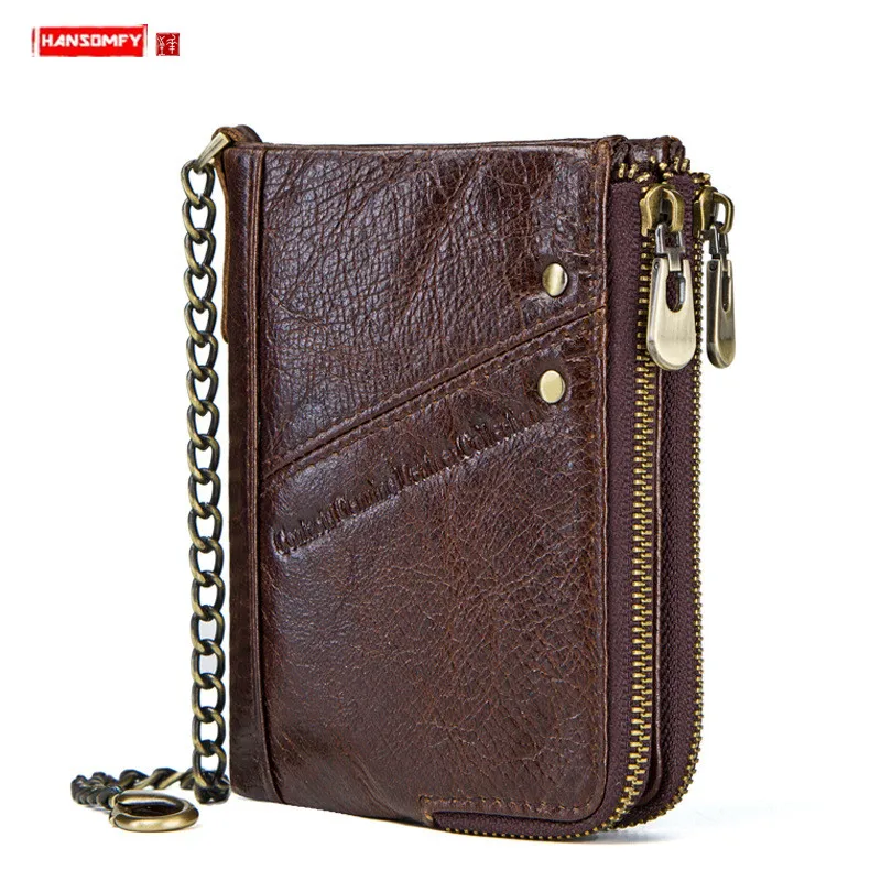 

New casual leather men's wallet FRID multi-function double zipper wallets male first layer leather card holder coin purses