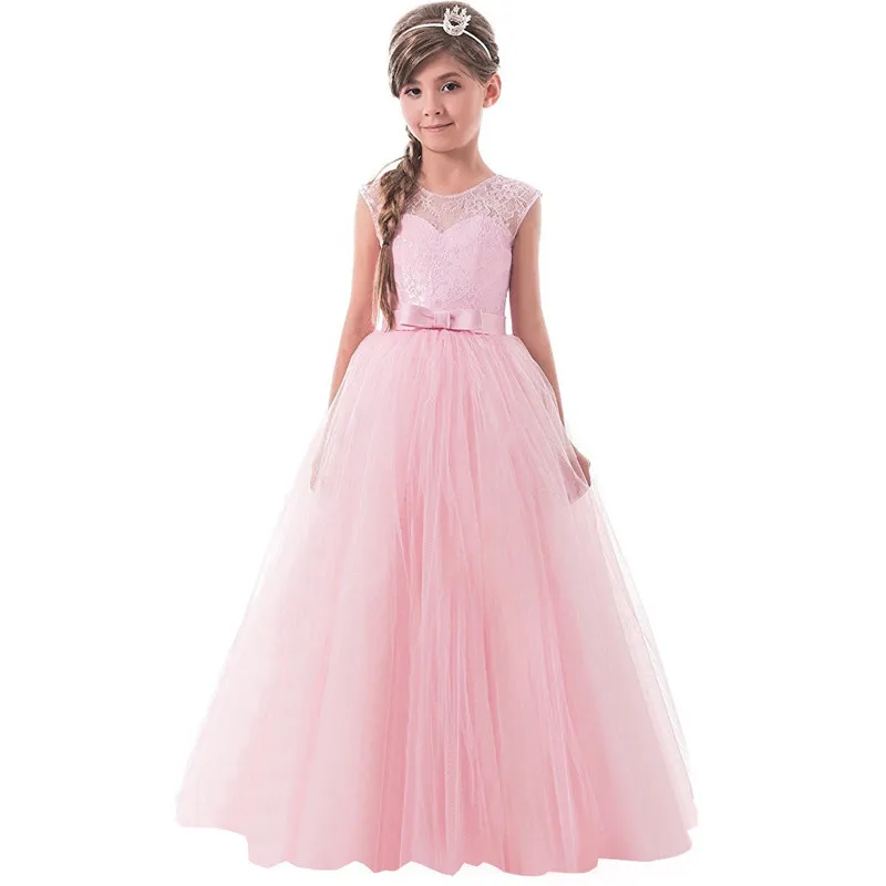 

Long Kids Gown Evening Prom Party Tutu Dresses 2019 New Sleeveless Lace Elegant Princess Dress for Girls Formal Wedding Clothes