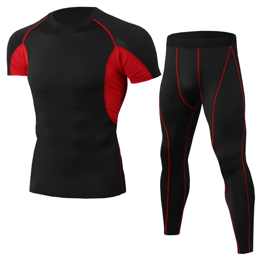 Мужской спортивный комплект для бега, компрессионная футболка с короткими рукавами+ штаны, облегающие быстросохнущие баскетбольные спортивные штаны, костюмы для фитнеса