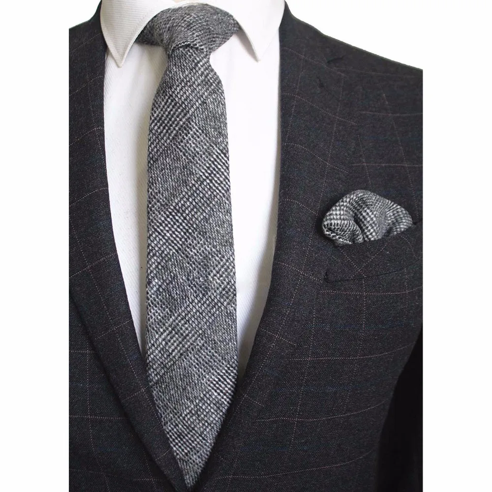 8cm Wool Necktie Solid Plaid Tie For Men Quality Cashmere Tie and Handkerchief Cravats Set Suit For Wedding Party