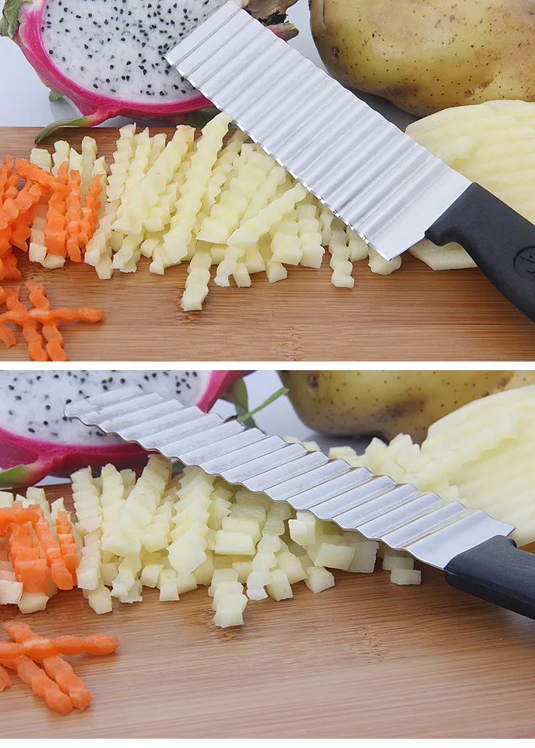 1PC Potato French Fry Cutter Stainless Steel Kitchen Serrated Blade Easy Slicing Banana Fruits Wave Knife Chopper KX 218