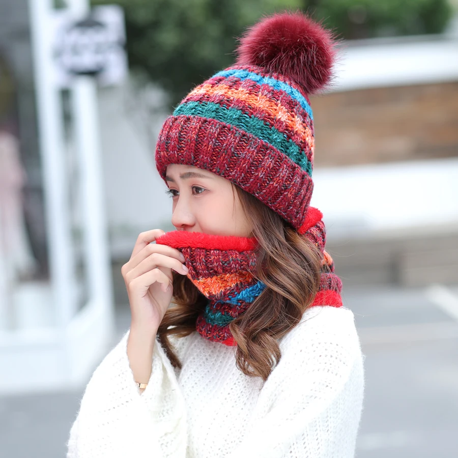 Зимние Утепленные наборы шарф шапка для женщин новая леди Имитация помпон из лисьего меха вязаные уличные шапочки шапки женские кольца шарфы