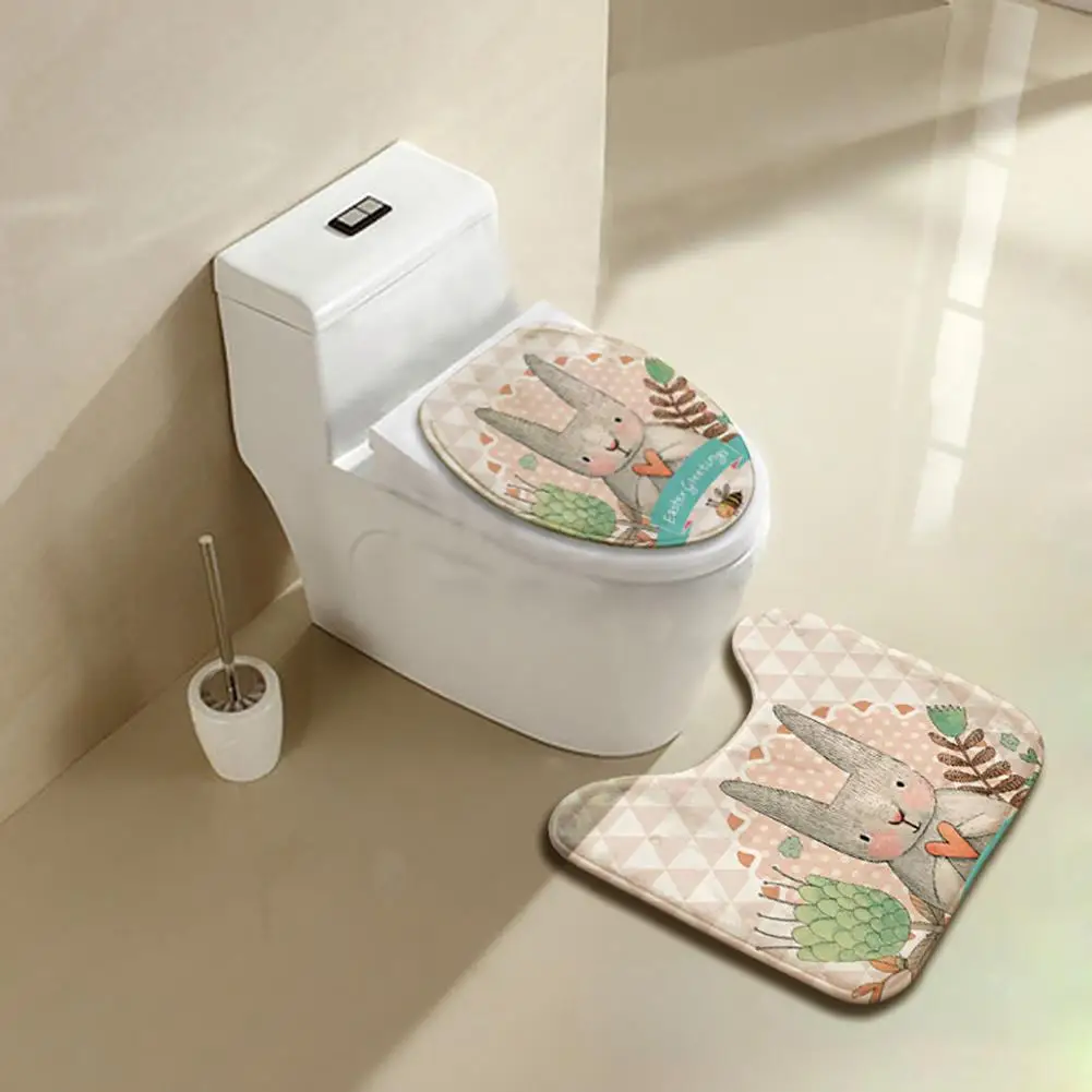 

Hot 2Pcs/Set Cartoon Rabbit Bathroom Toilet Lid Cover Anti-skid Carpet Floor Mat Pad