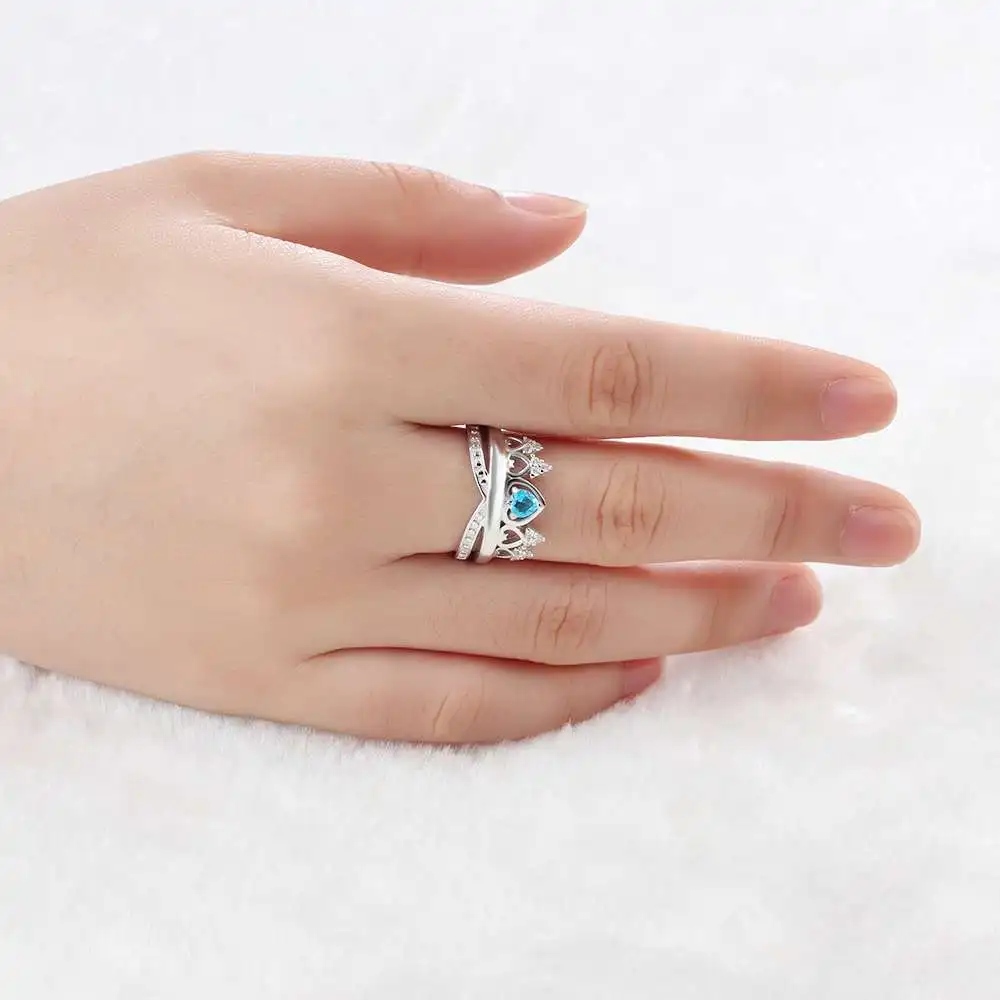 Heart Crown Birthstone Ring 925 Sterling Silver Wedding Rings Engrave Name Anniversary Personalise Gift (JewelOra RI102880)