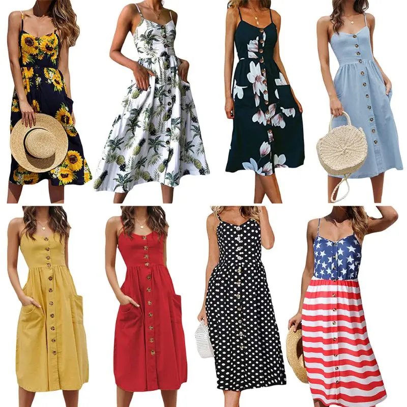 

Womens Plus Size Sleeveless V-Neck Backless Midi Dress Button Boho Floral Stripes US Flag Printed Pokcets Front Beach Sundress
