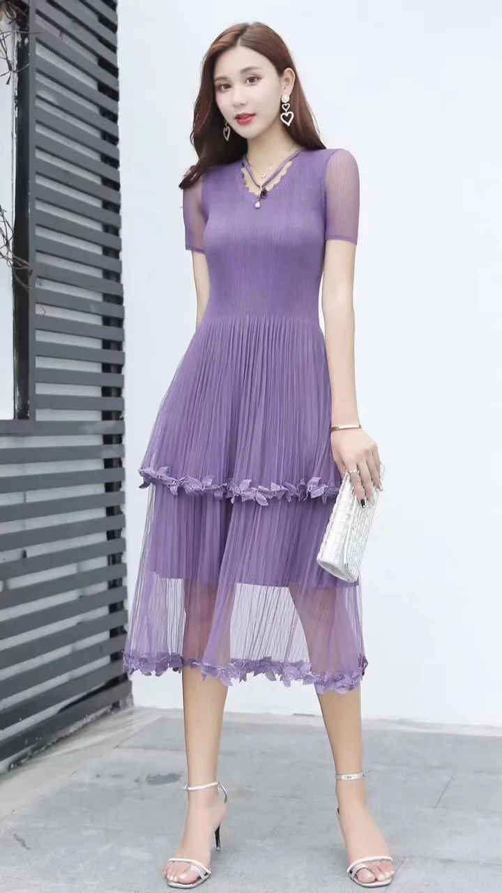 Original Design Pleated Dress Simple Exquisite Pure Color Super Elastic Women's Dress Slim Dress Four Colors Wether Fat or Thin