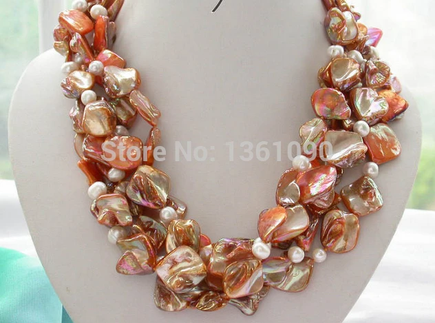 

00665 5row square jacinth shell round pearl necklace (C0309)