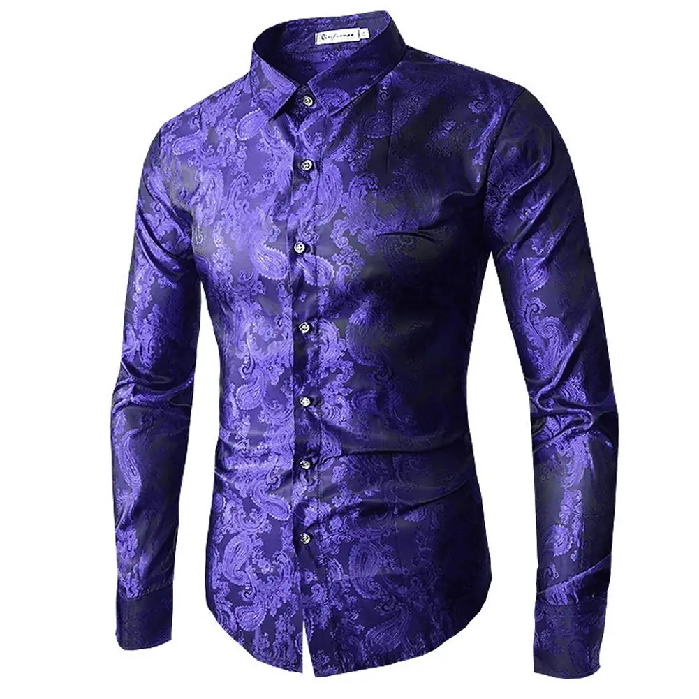 

Hawaiian Shirt Men Embroidered pattern Long sleeve Mens Dress Shirts Stage Blouse men Red Yellow