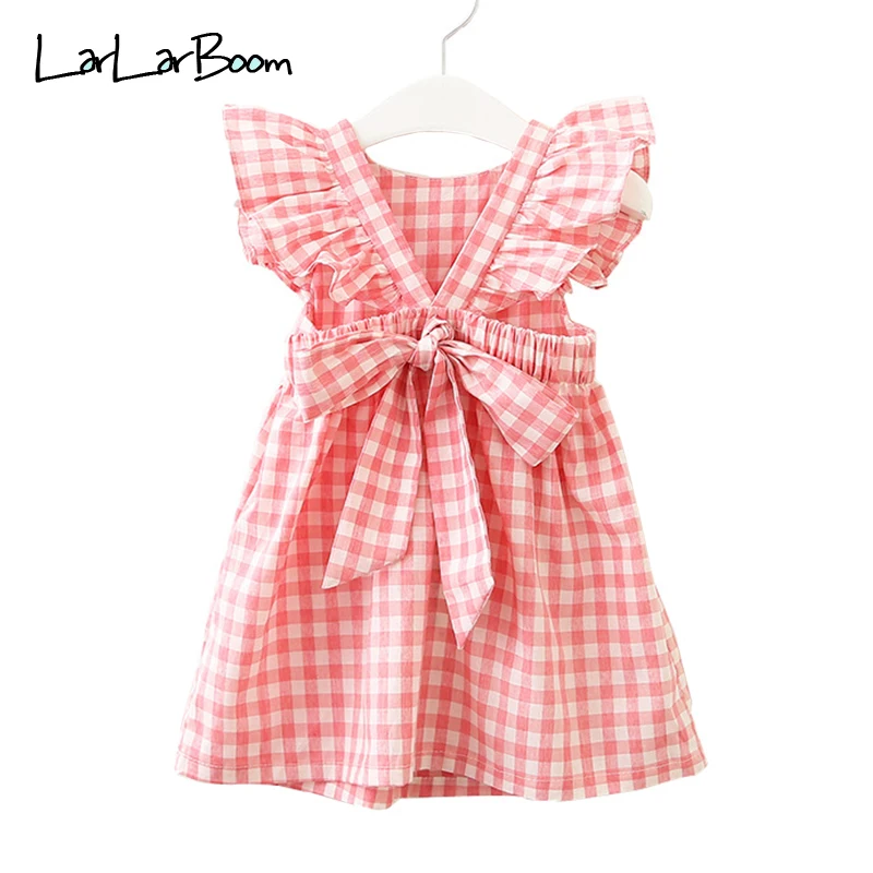 

LarLarBoom Summer Sleeveless Girls Dress Cute Plaid Children's Clothing Floral Kids Dresses for Girls Backless Princess Dress